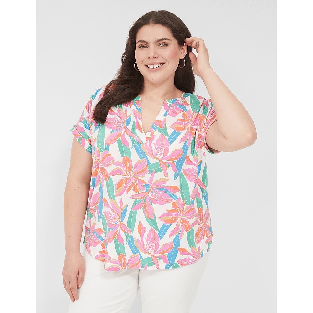 NWT Lane Bryant Relaxed Gauze Notch Neck Shirt Sz 22/24 Tropical Floral Colorful